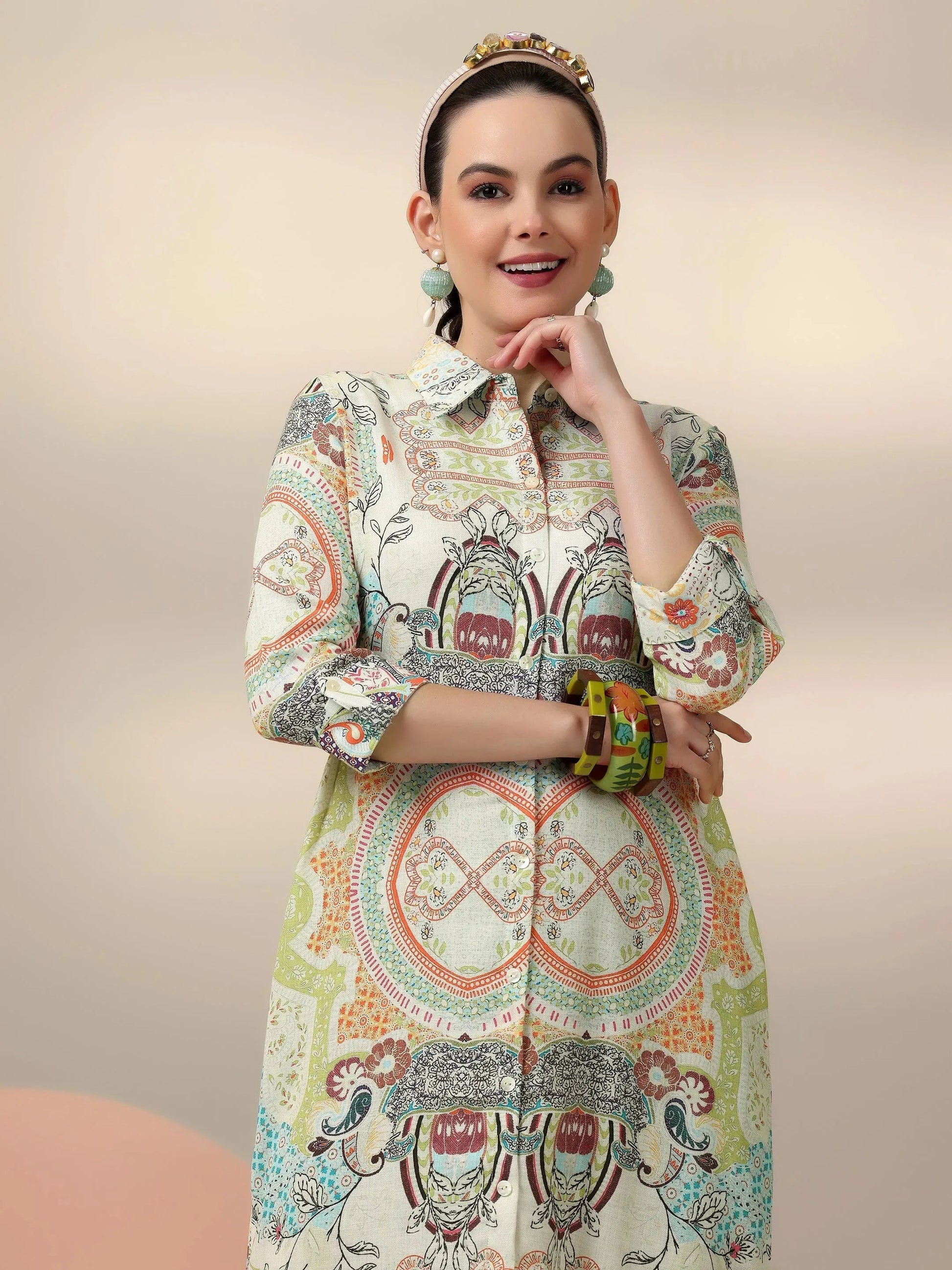 Off White Printed Cotton Blend A-Line Dress by My Store