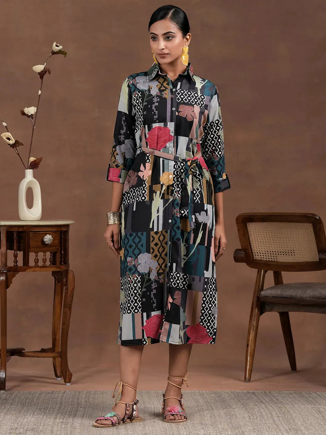 Multicoloured Printed Crepe Shirt Dress With Belt by My Store
