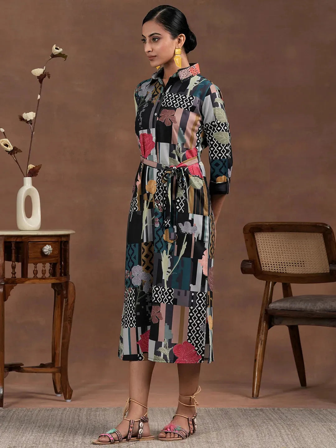 Multicoloured Printed Crepe Shirt Dress With Belt by My Store