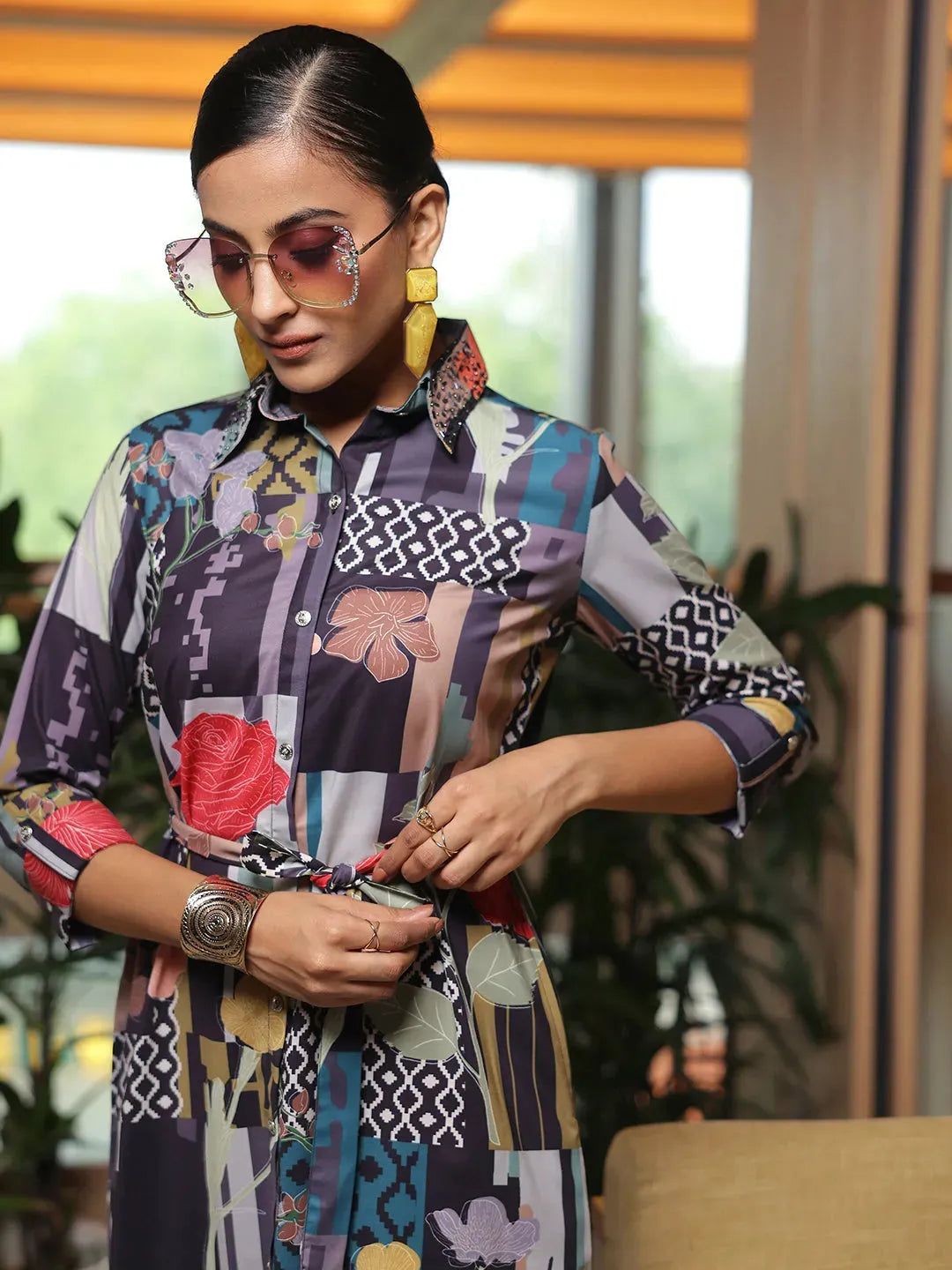 Multicoloured Printed Crepe Shirt Dress With Belt by My Store