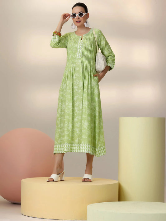 Green Printed Cotton A-Line Dress by My Store