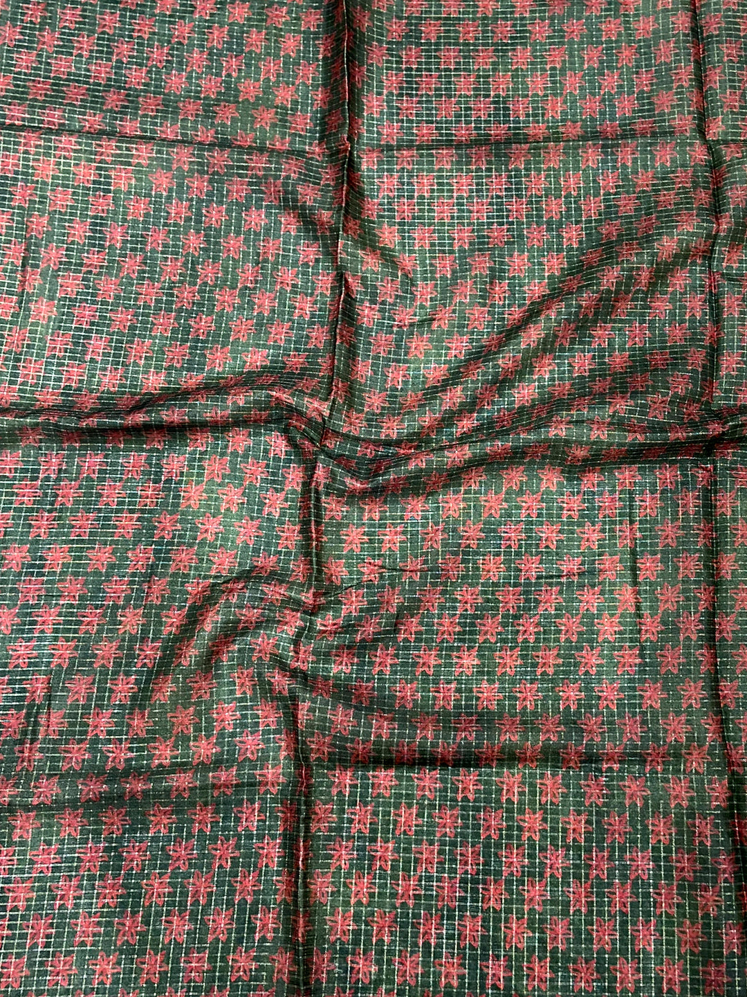 Sage Green Tussar Chex Japanese Print Saree