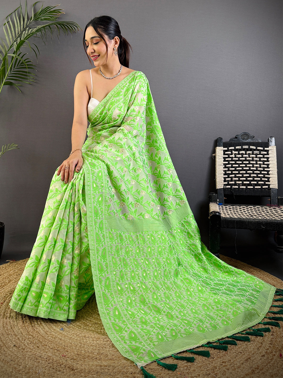 Green Soft Dhakai Jamdani Silk Saree by My Store