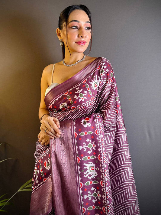 Dark Burgundy Zig Zag Kalamkari Kanchi Silk Saree by My Store