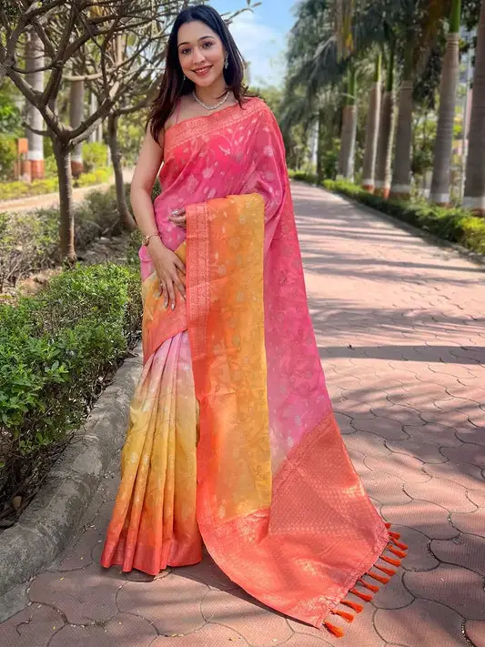 Traditional Soft Slub Silk With Pure Zari And Lakhnavi Badla Weaving