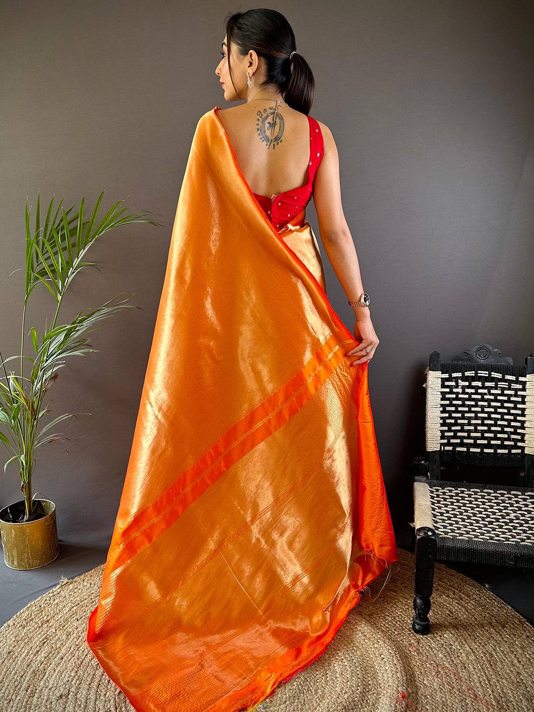 Orange Elegance Kanjivaram Saree by My Store