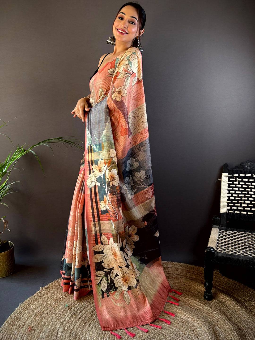 Pink Semi-Gold Zari Abstract Tussar Saree by My Store