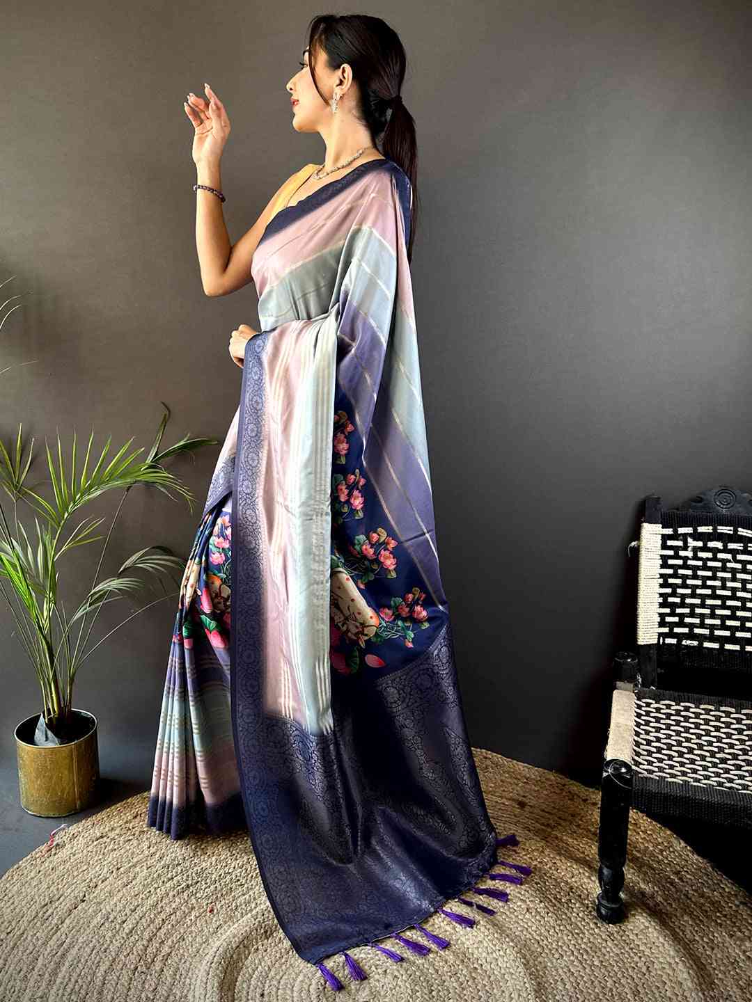 Lavender Kalamkari Ombre Crepe Silk Saree by My Store