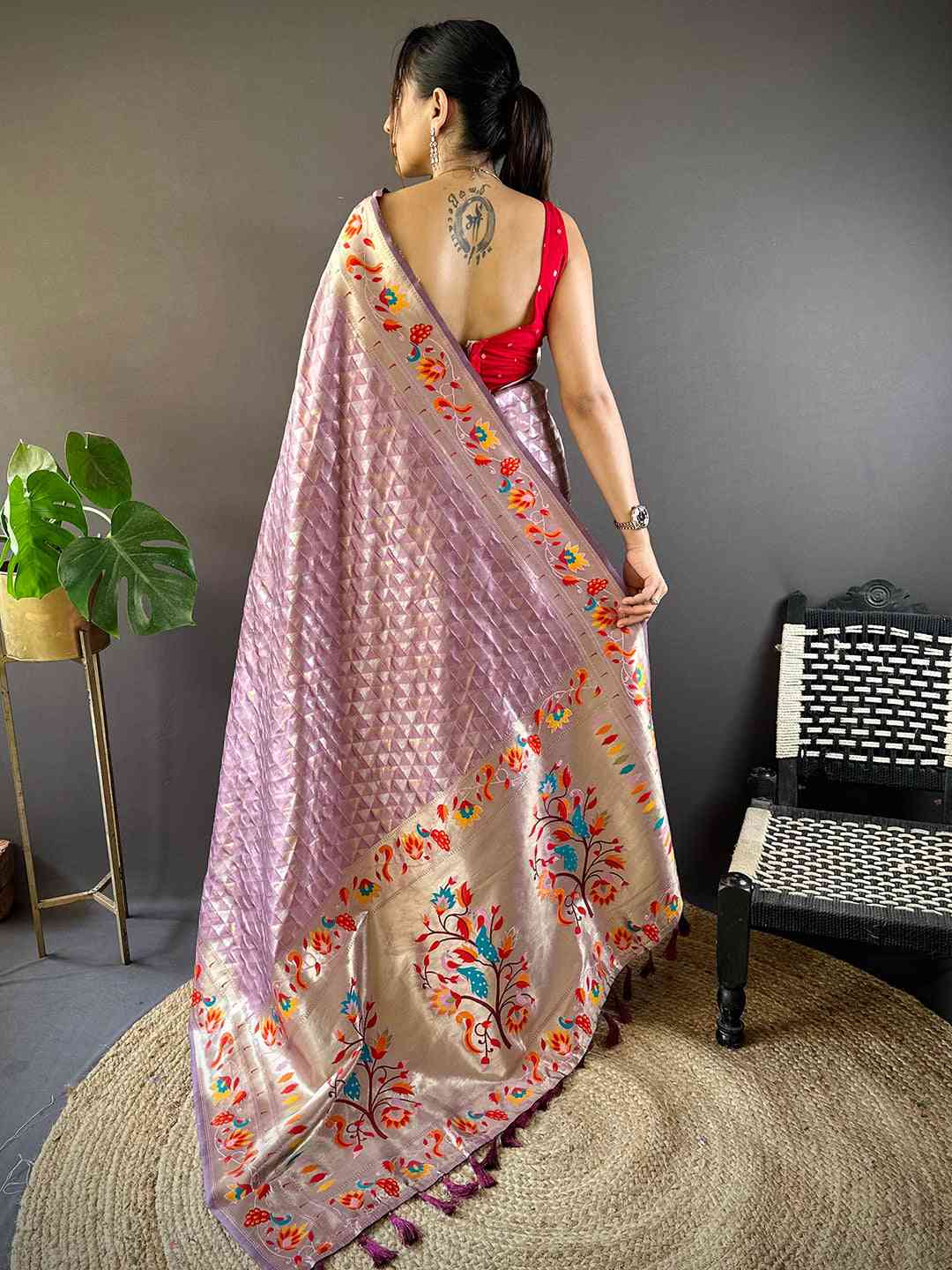 Light Wine Silk Blend Woven Zari Work Paithani Saree by My Store