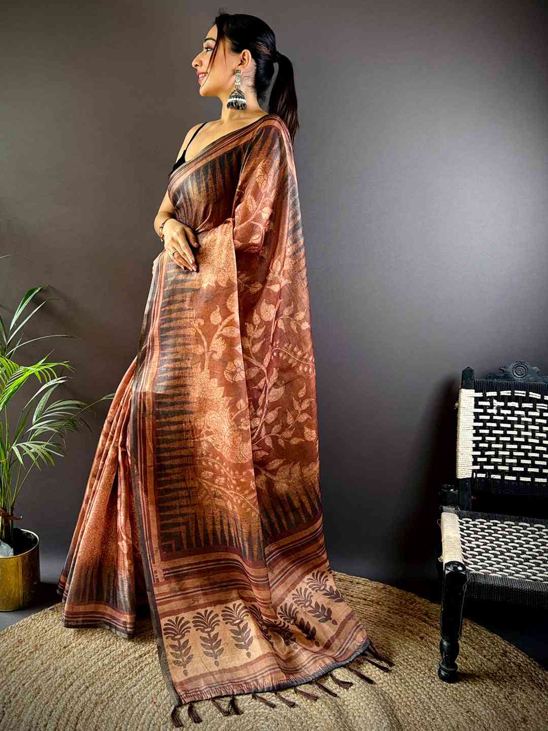 Coffee Brown Floral Stripes Tissue Saree by My Store