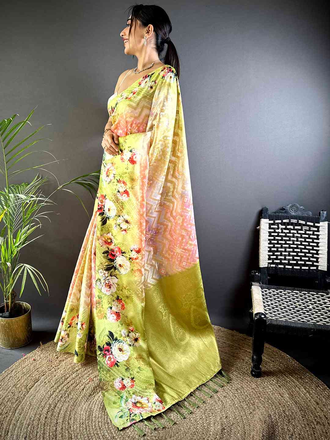Lime Green Zari Zigzag Kota Doriya Saree by My Store