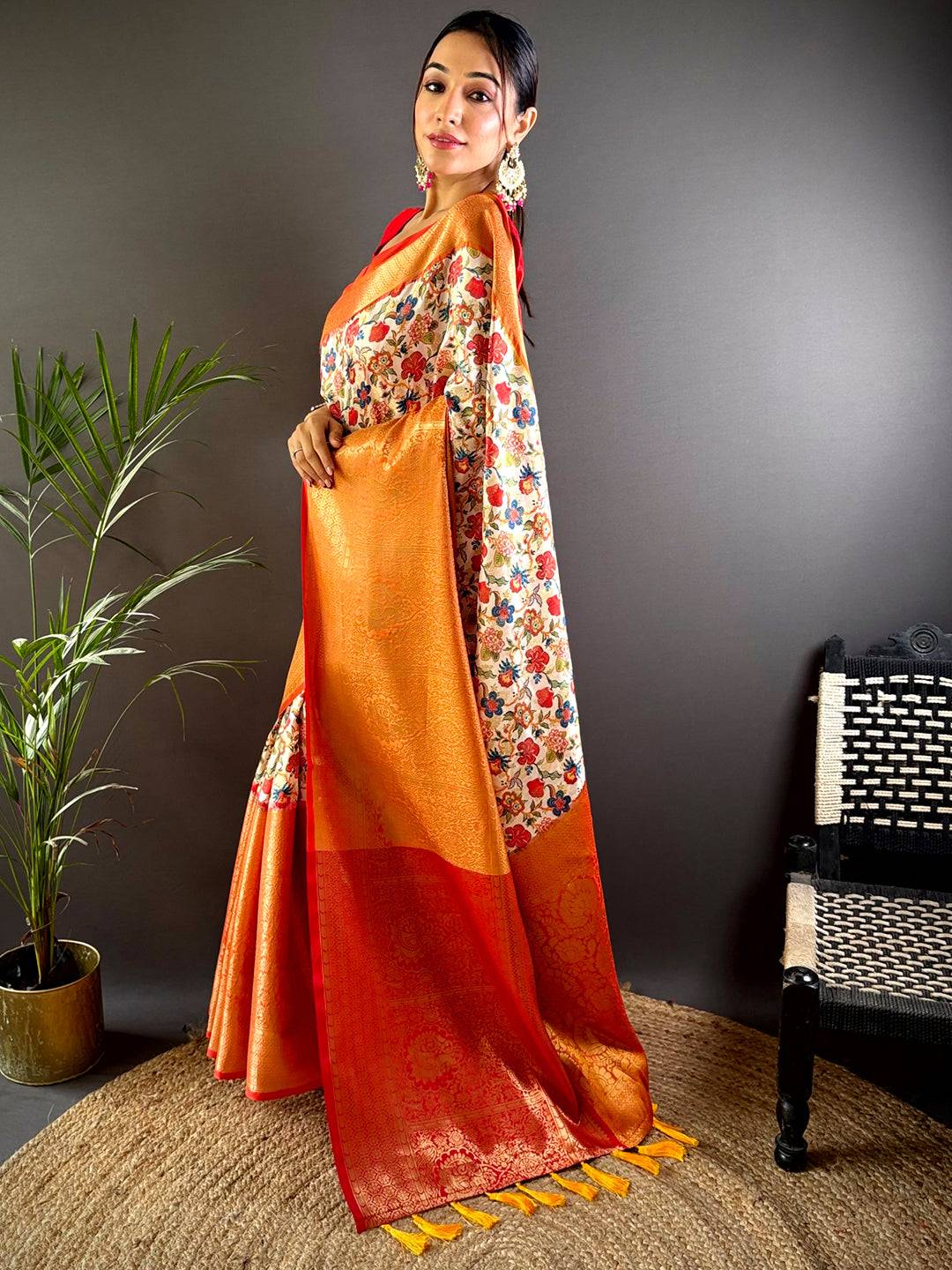 Cream Banarasi Silk Saree With Kanchi Pattu Border by My Store