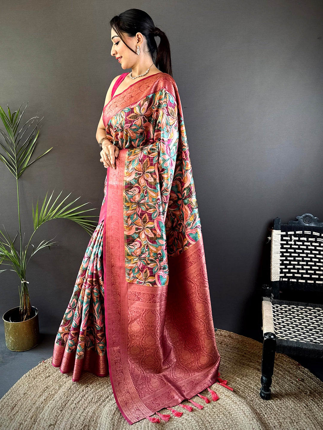 Red Soft Gadwal Pattu Geometric Saree by My Store
