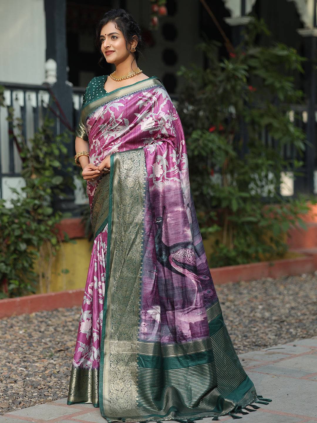 Viscose Dola Silk Purple Colour Saree with Floral and Mughal Print - Luxe