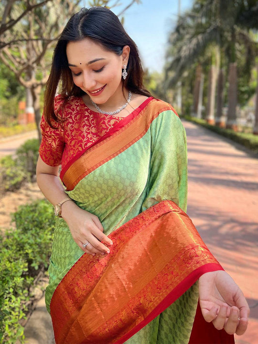 Pista Colour Kanjivaram Aura Soft Silk Saree With Broced Zari Blouse by My Store