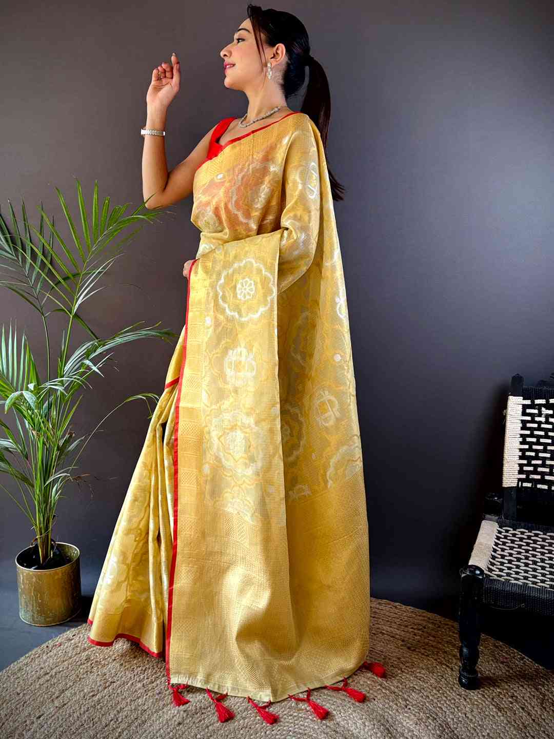 Minakari Floral Saree With Red Tassels by My Store