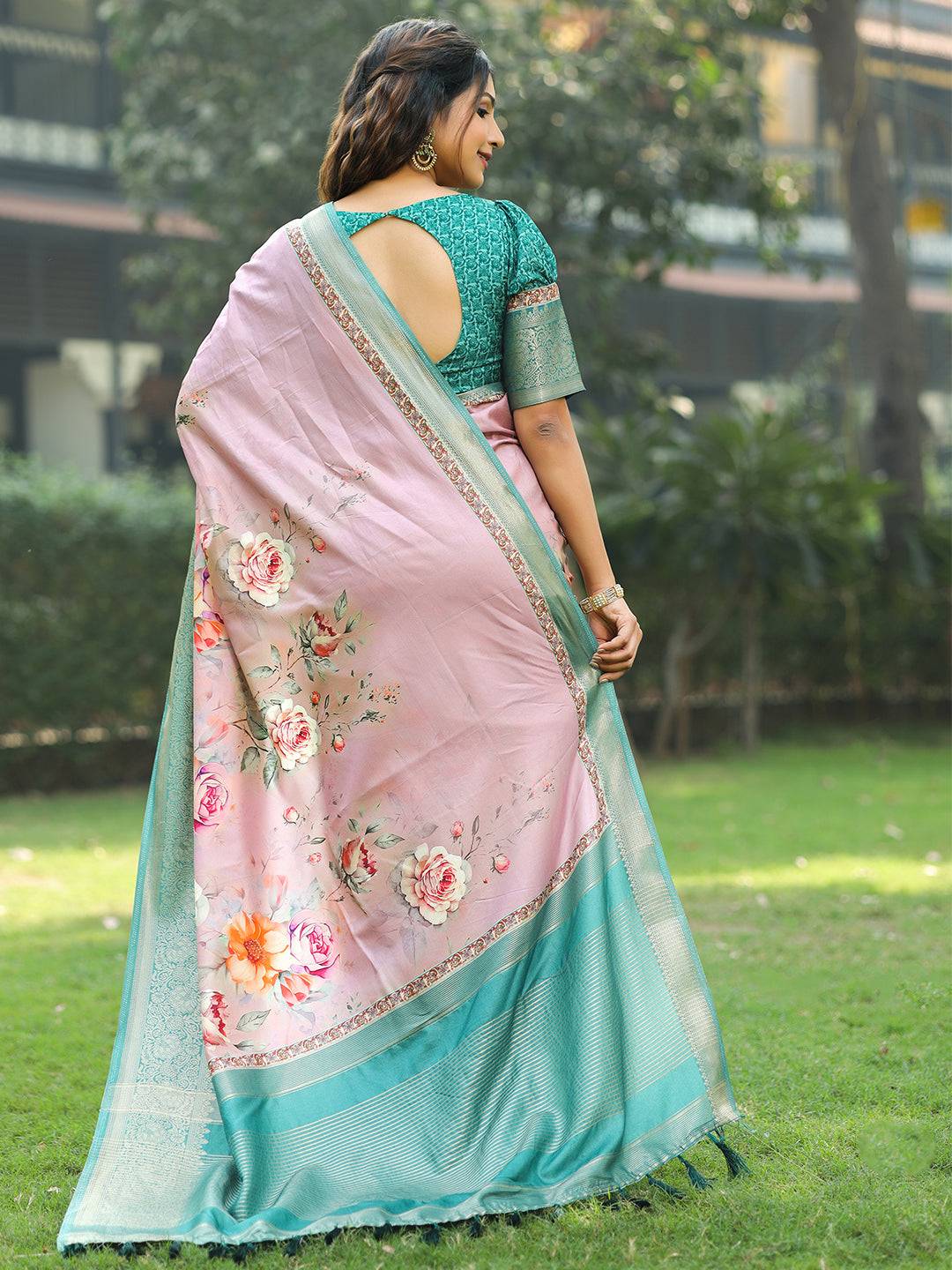 Light Pink Colour Phulkari Design Zari Weaving Pallu Saree - Luxe by My Store