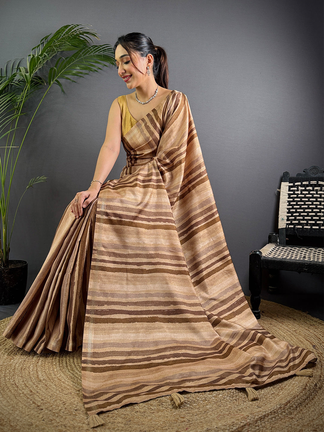 Brown Tussar Ghicha Stripe Saree by My Store