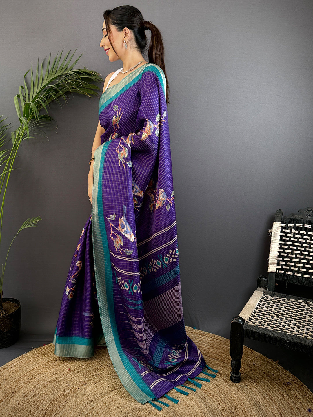 Purple Chanderi Check Sparrow Print Saree by My Store