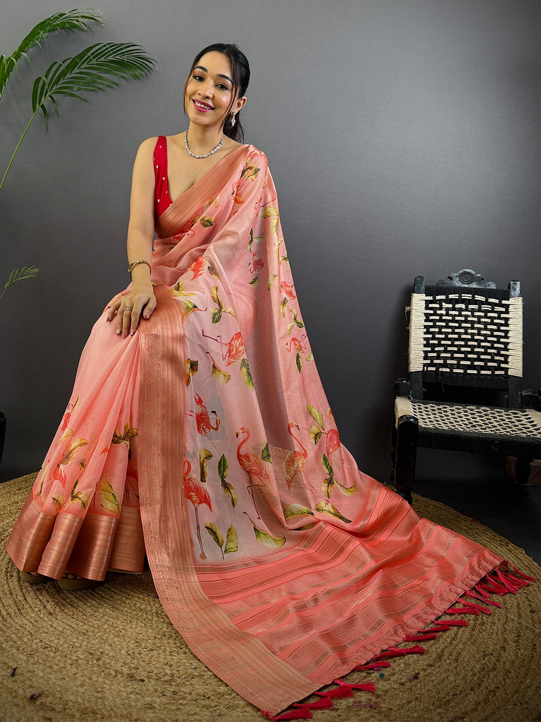 Coral Soft Organza Digital Print Saree by My Store