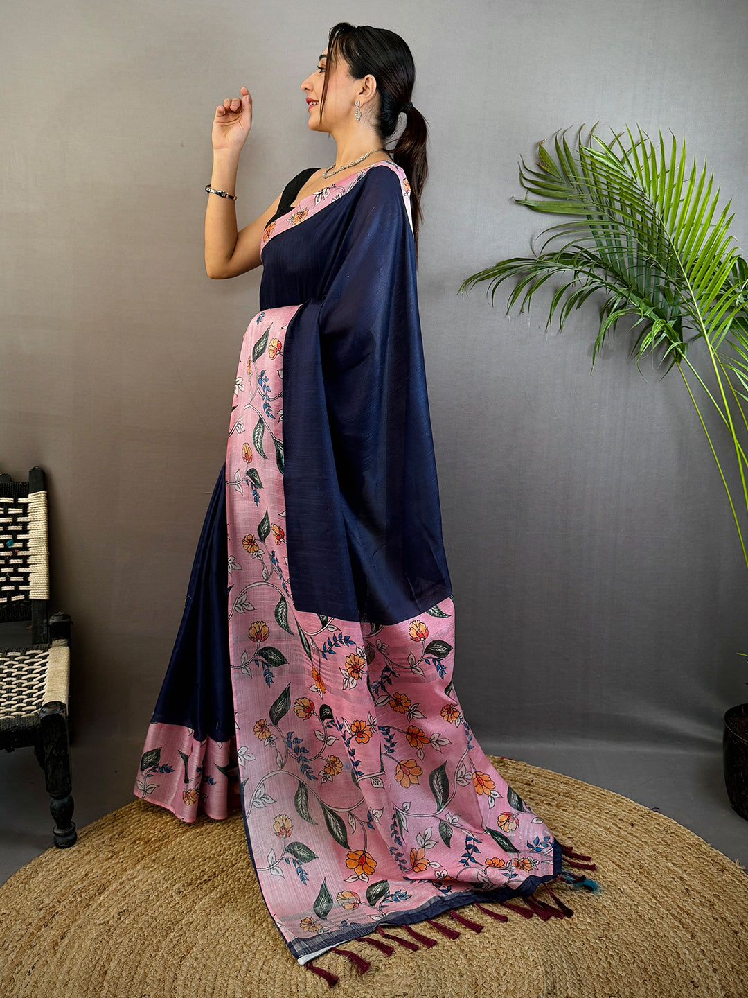 Navy Linen Kalamkari Print Saree by My Store