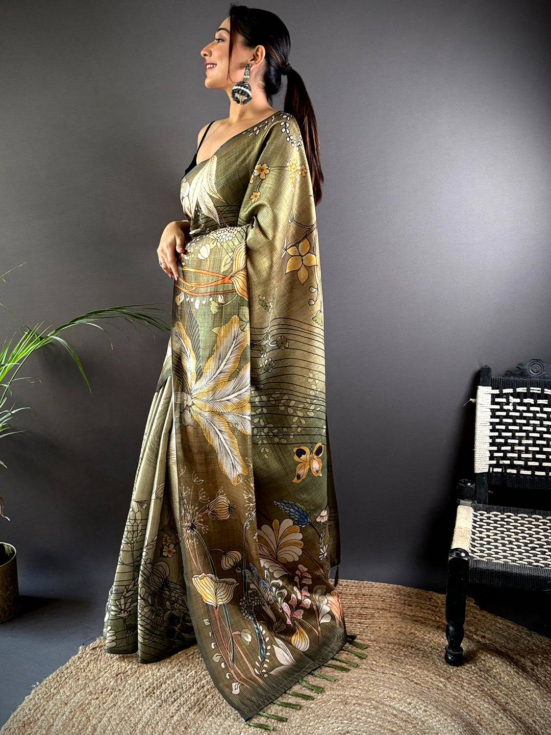 Olive Green Semi Gold Zari Botanical Tussar Saree by My Store