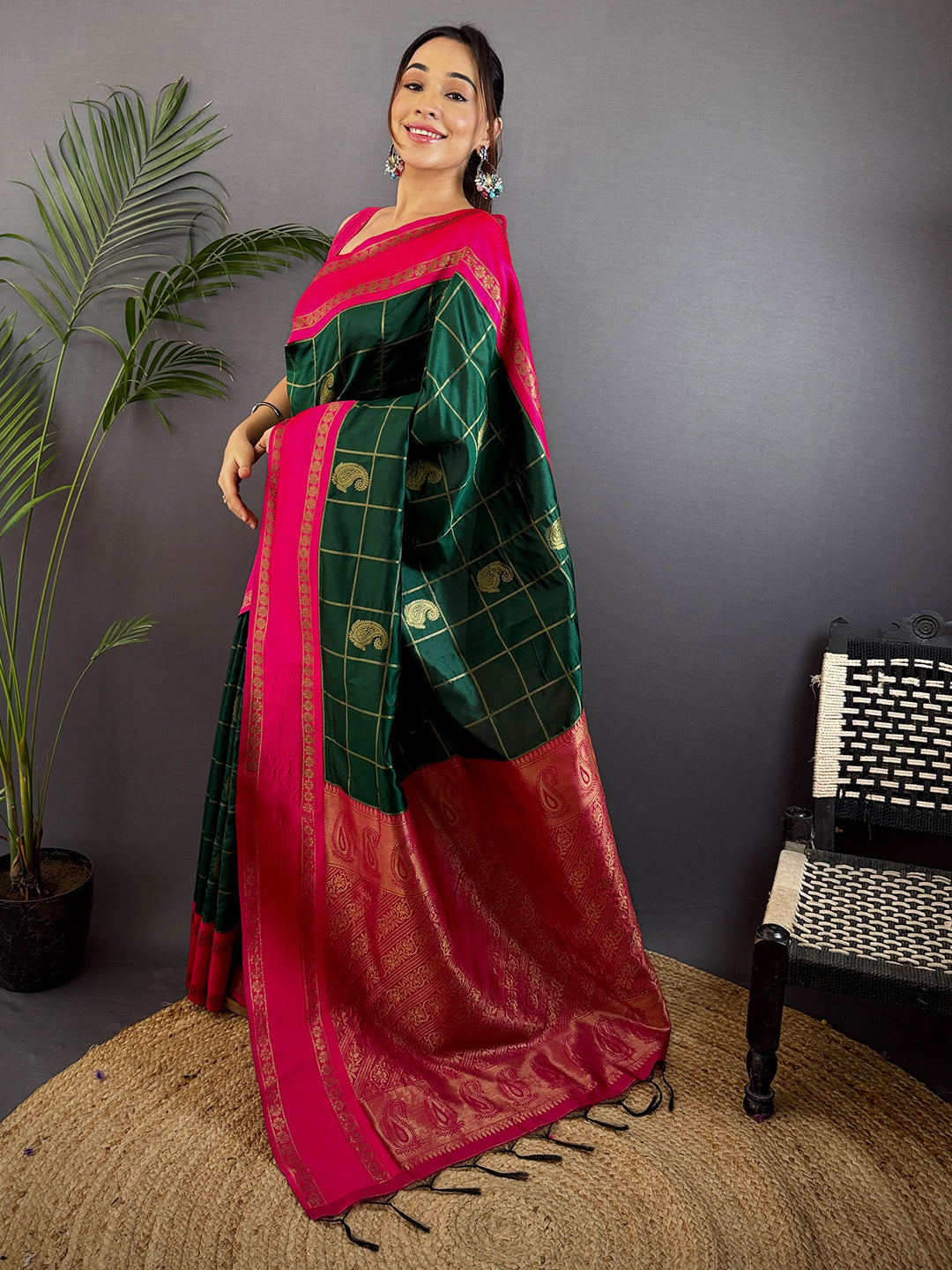 Intricate Paisley Silk Saree With Radiant Pink Pallu by My Store