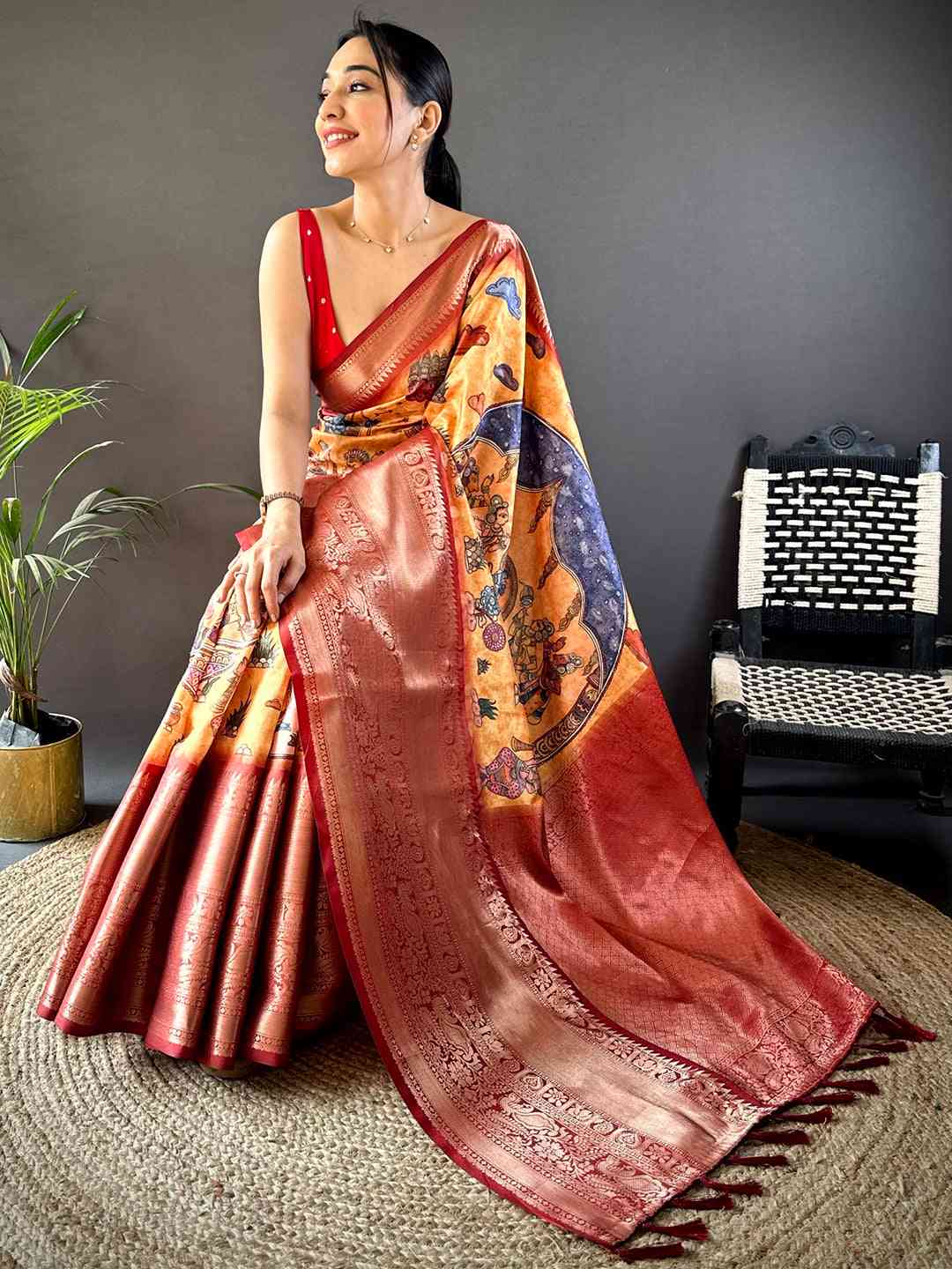 Mustard Ramayana Pen Kalamkari Printed Saree by My Store