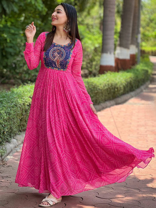 Deep Pink Bandhej Print Dress by My Store
