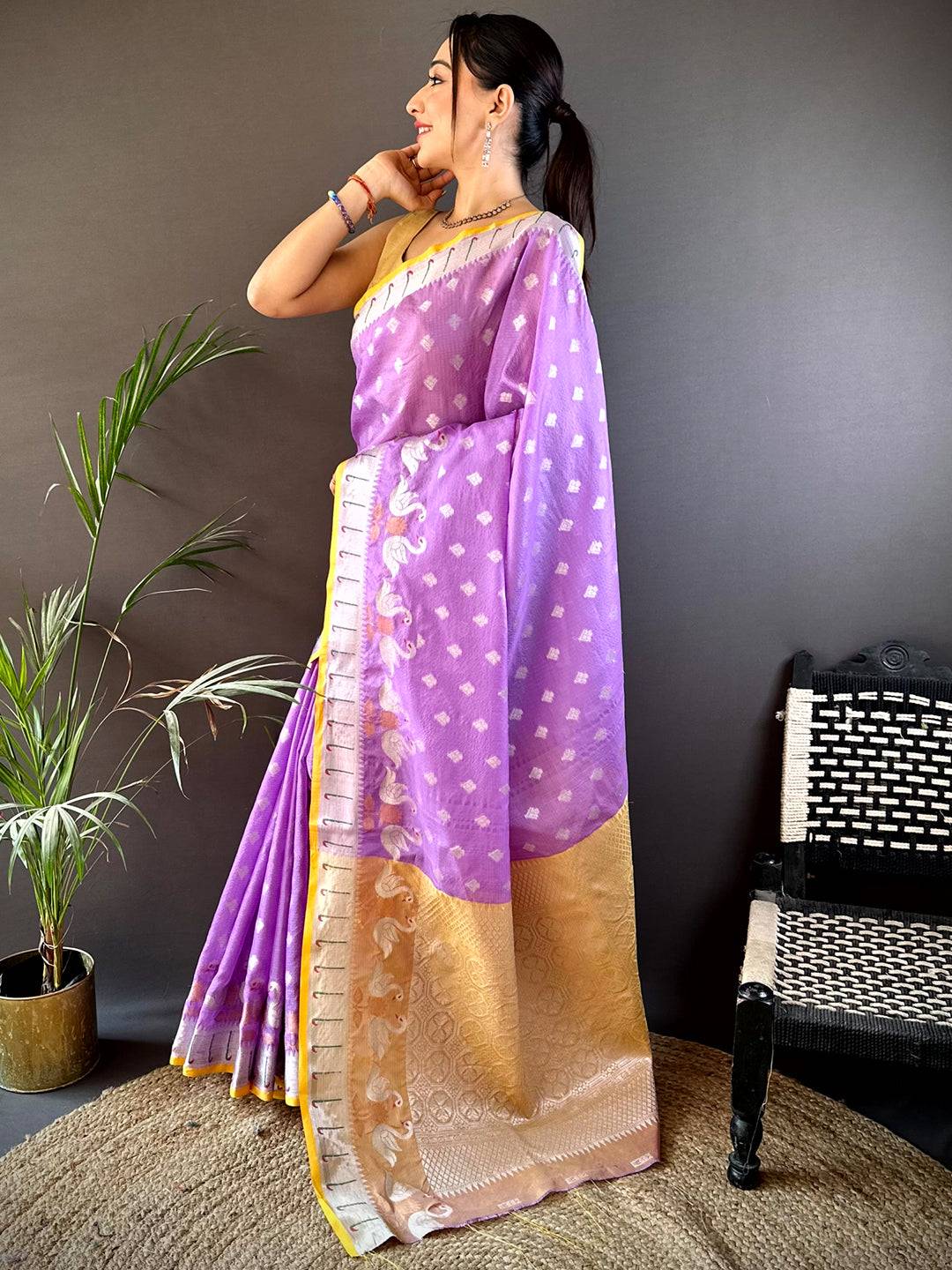Lavender Kota Kora Meenakari Saree by My Store