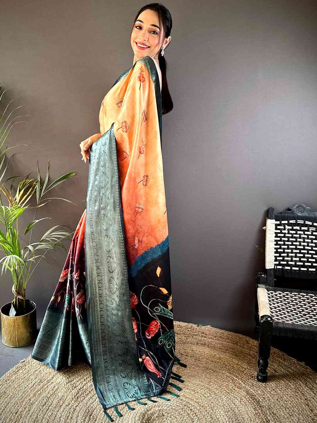 Orange Soft Silk Floral Ombre Print Saree by My Store