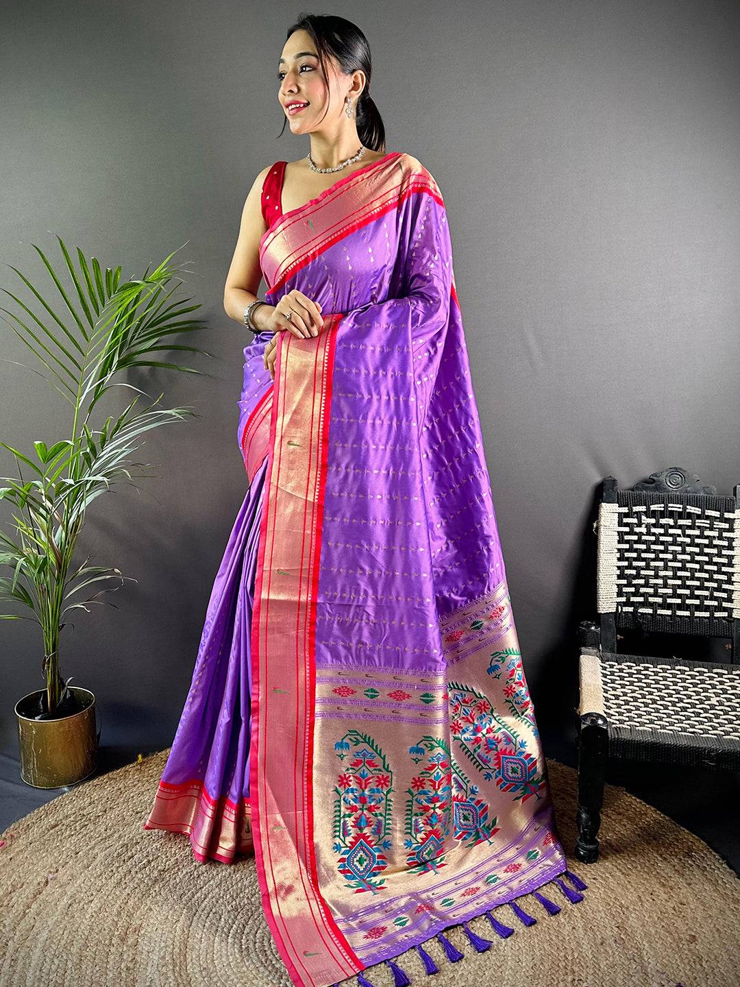 Lavender Soft Silk Yeola Paithani Saree by My Store