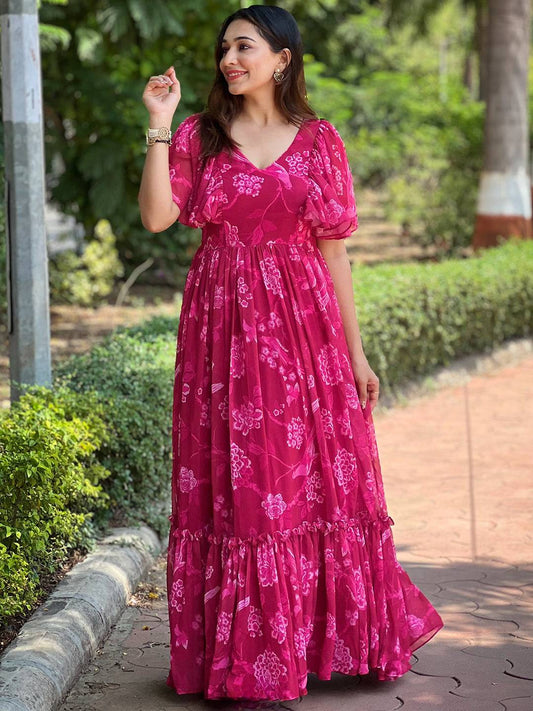 Pink Peony V-neck Flary Dress by My Store