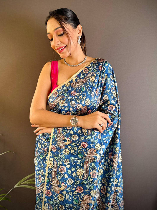 Steel Blue Kalamkari Floral Print Gamthi Saree by My Store