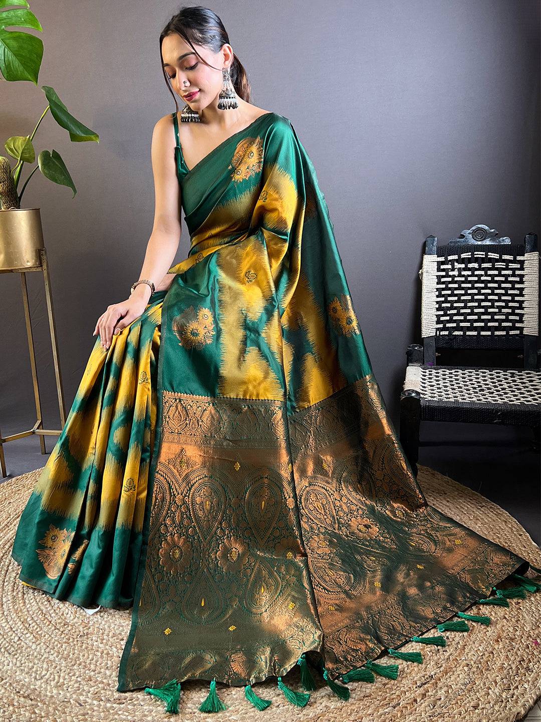 Mustard Tussar Silk Ikkat Weaving Saree by My Store