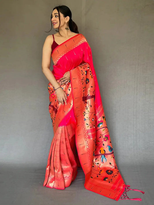 Pink Paithani Big Border Zari Woven Saree by My Store