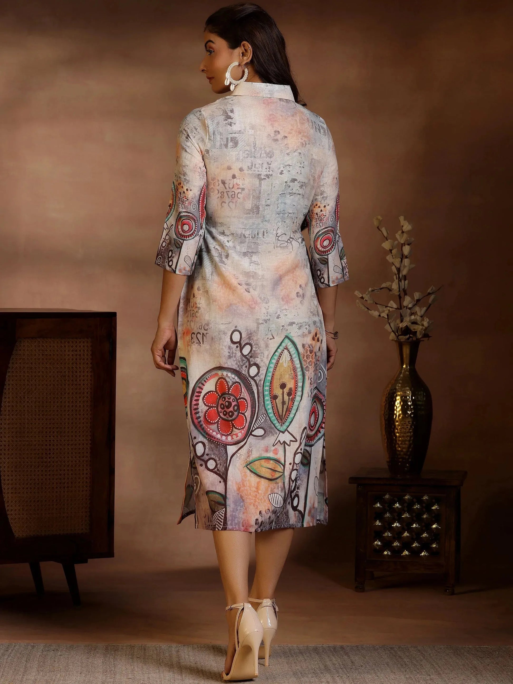 Off White Printed Cotton Blend A-Line Dress by My Store