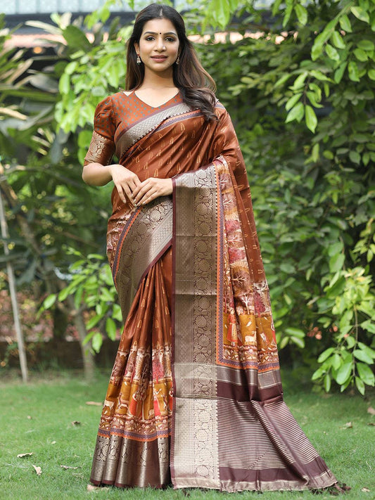 Coffee Brown Hand Kalamkari Printed Pure Viscose Dola Silk Saree - Luxe by My Store