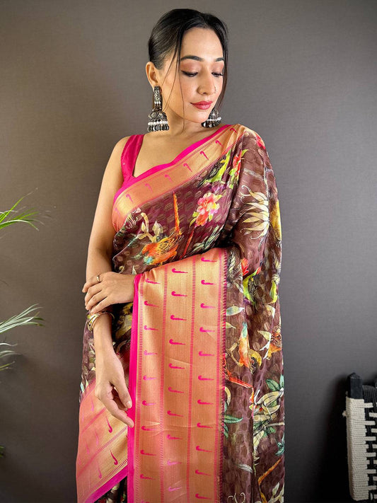 Brown Paithani Kora Silk Saree by My Store