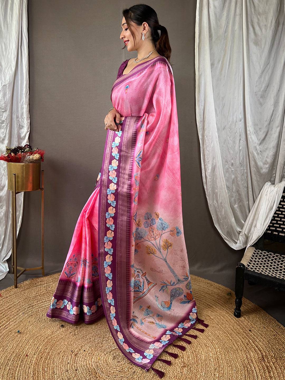 Oriental lily Pink Kota Satin Border Saree by My Store