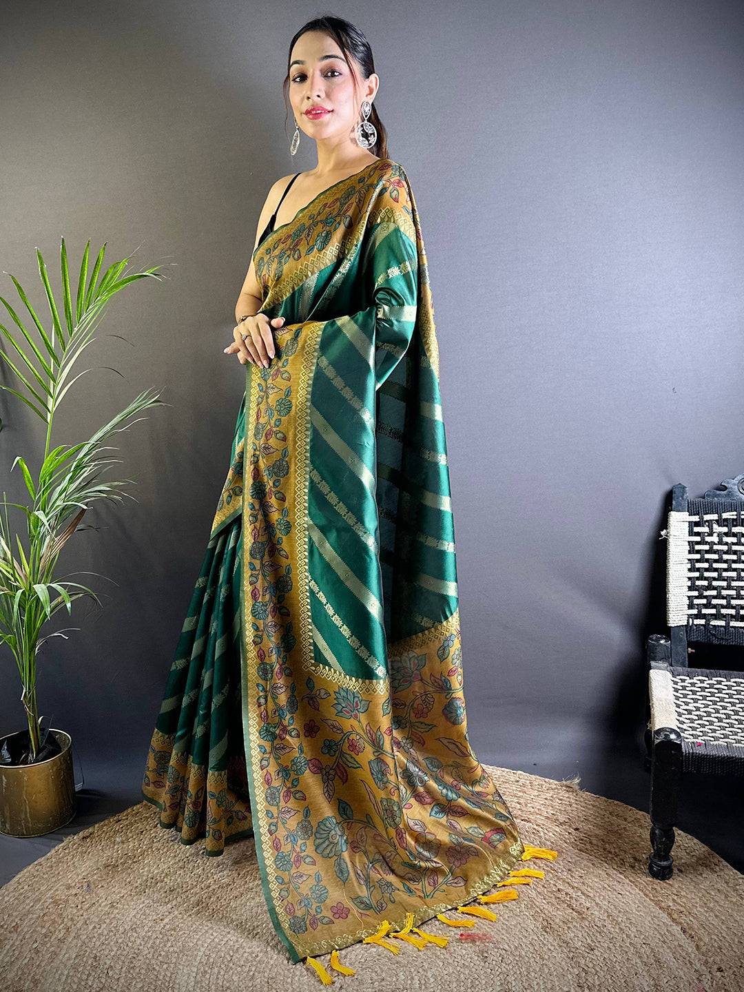 Green Gold Zari And Kalamkari Print Saree by My Store
