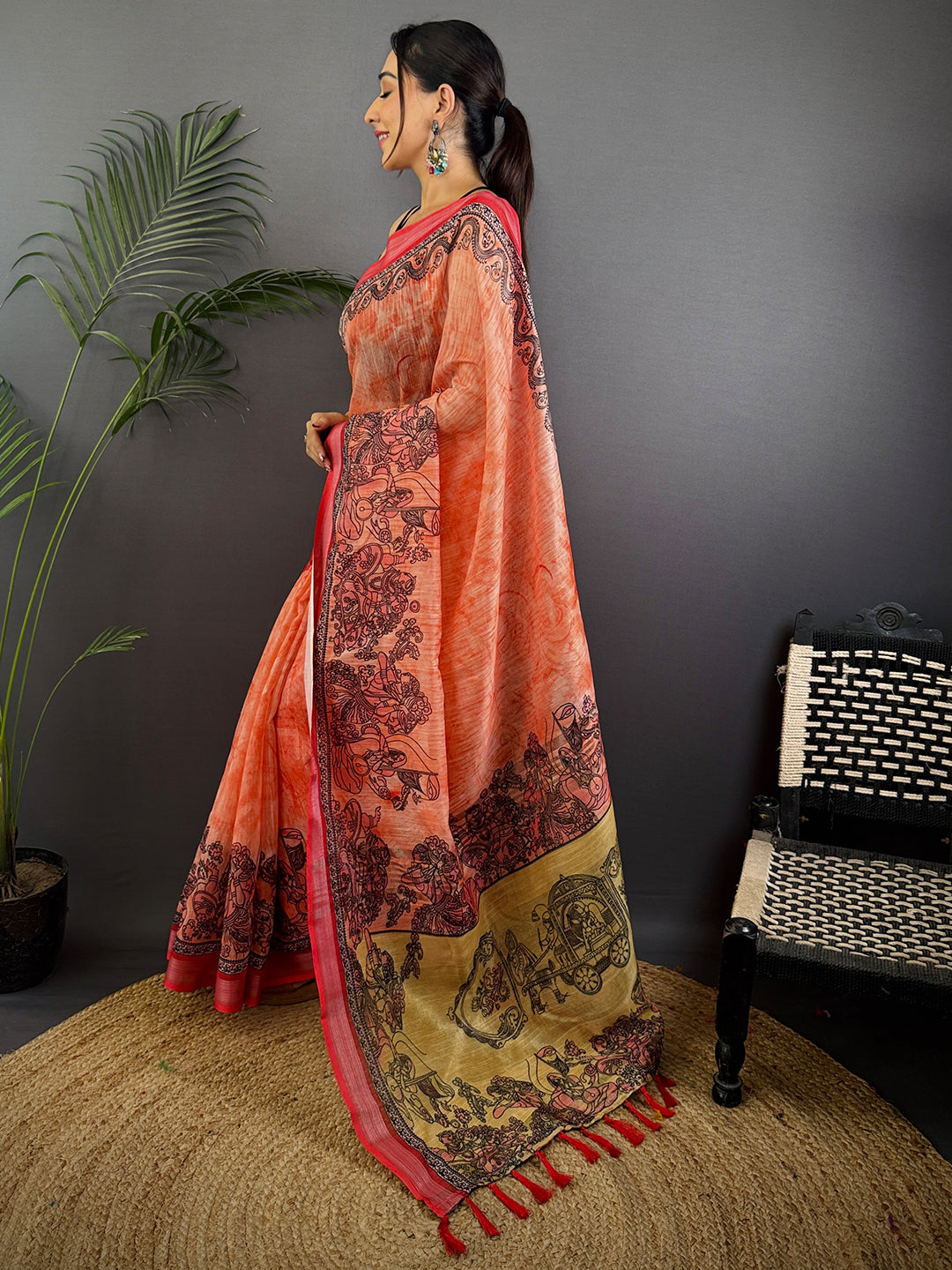 Red Linen Kalamkari Printed Saree by My Store