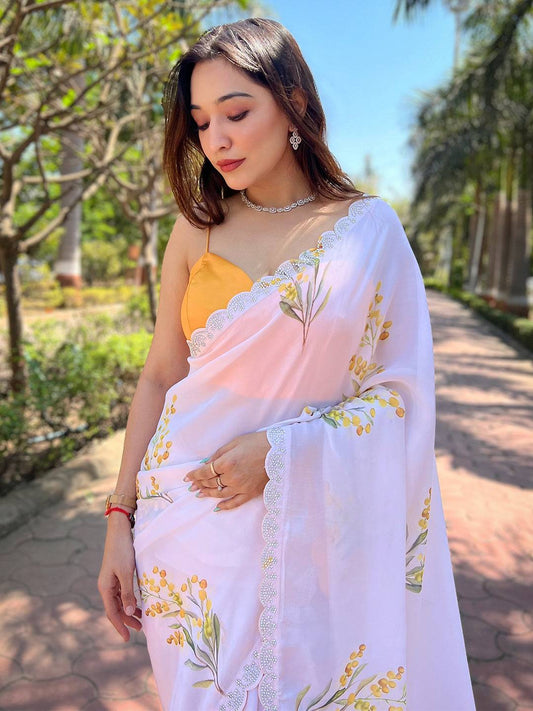 White Pure Satin Georgette with Zircon Swarovski Border Saree
