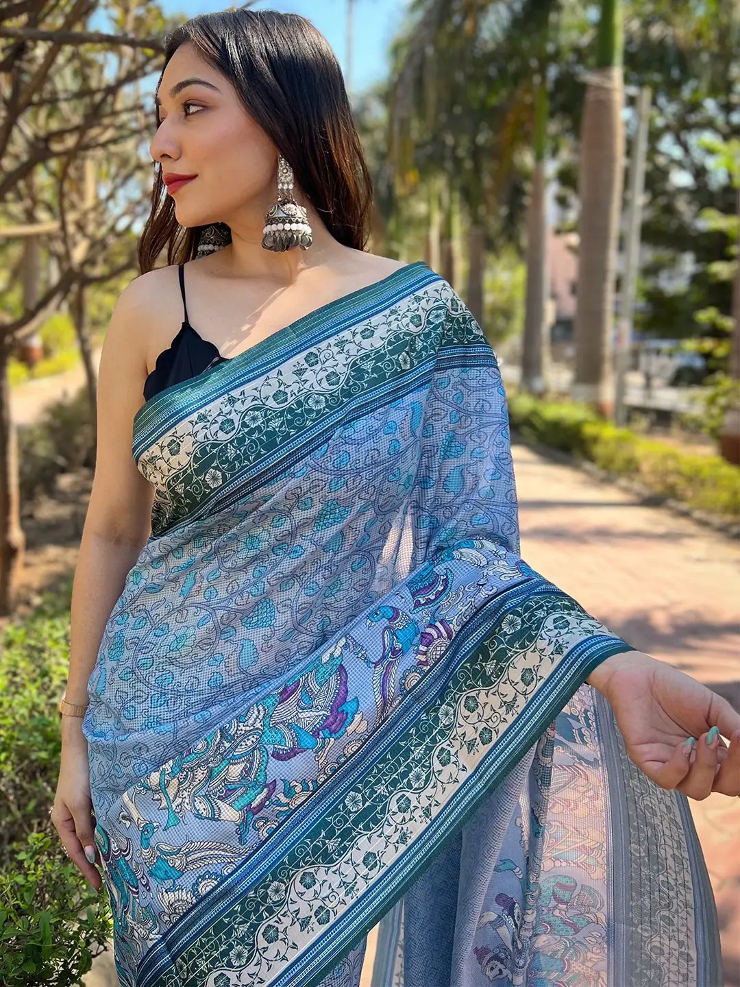 Satin Kota Doria Saree With Kalamkari Digital Print In Blue Colour by My Store