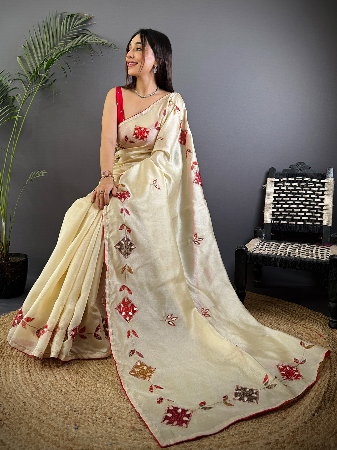 Cream Bandhej Patch Work Tissue Saree by My Store
