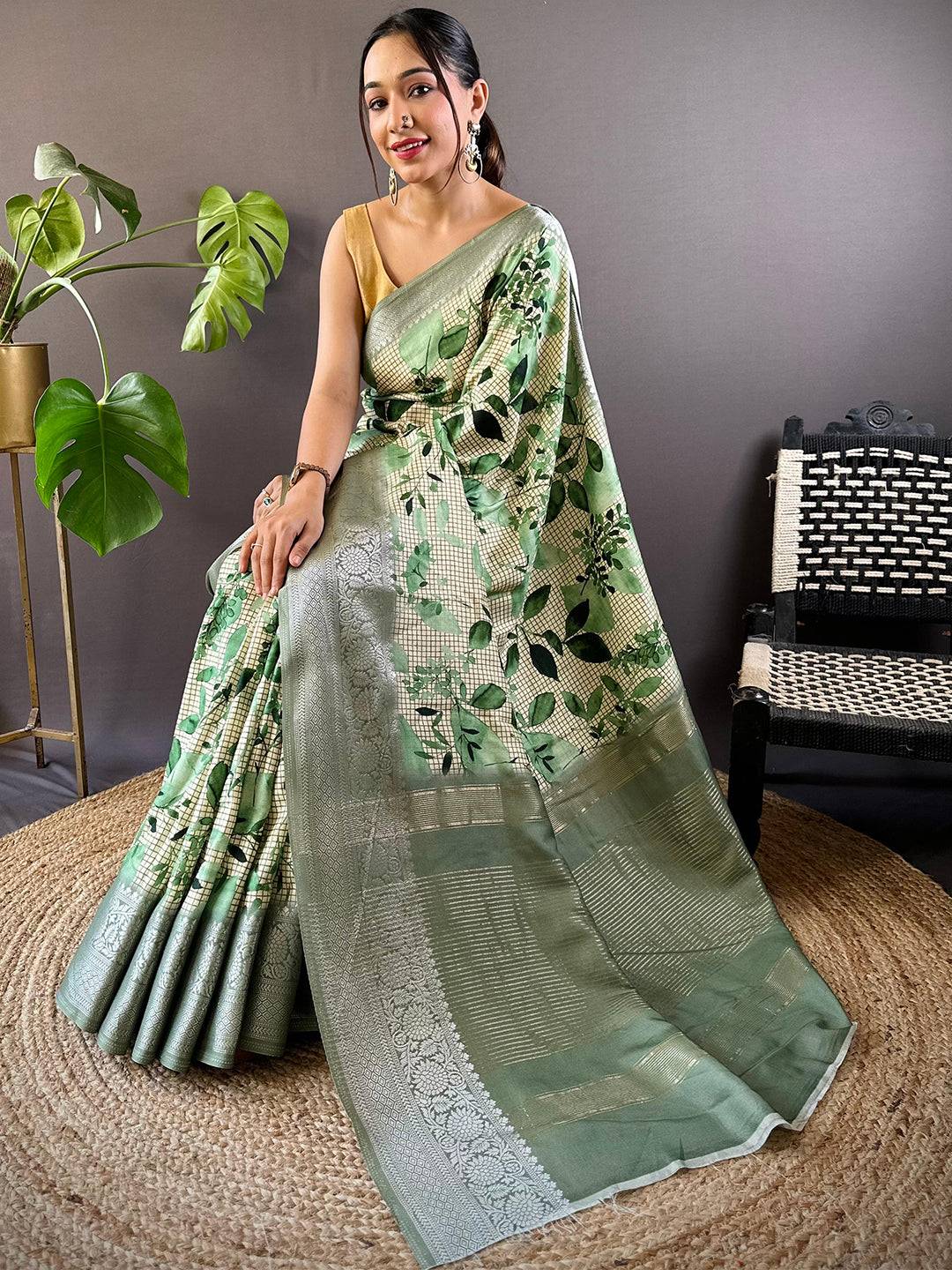 Leaf And Check Light Green Viscose Saree by My Store