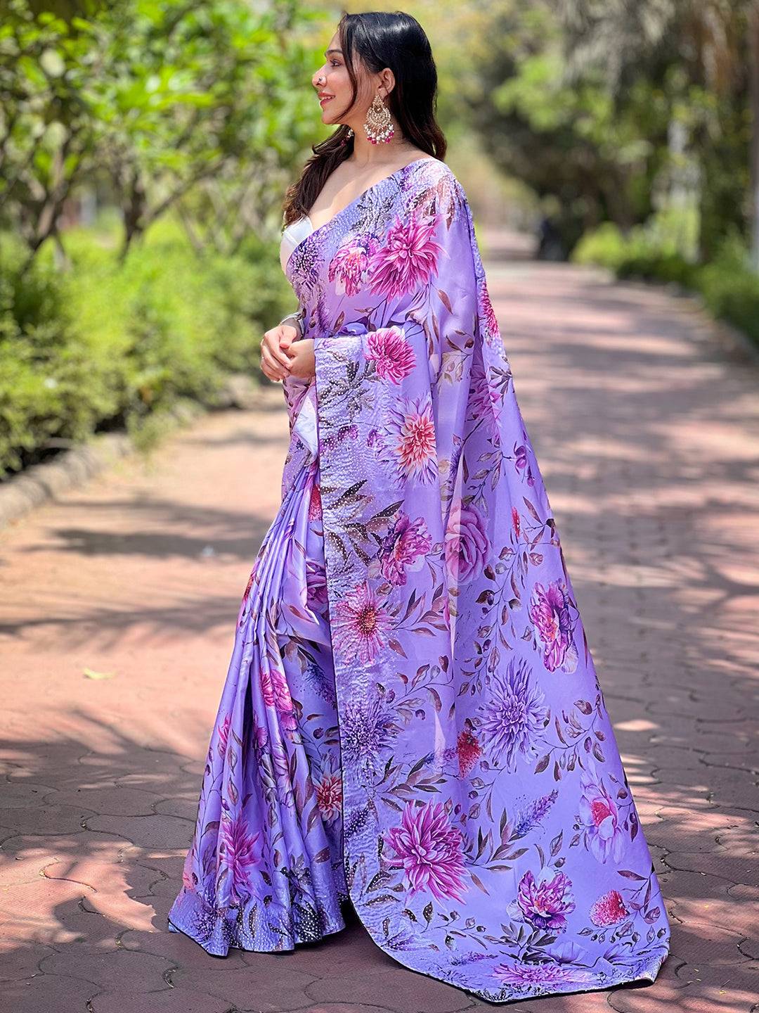 Satin Georgette Lavender Floral Digital Print Saree