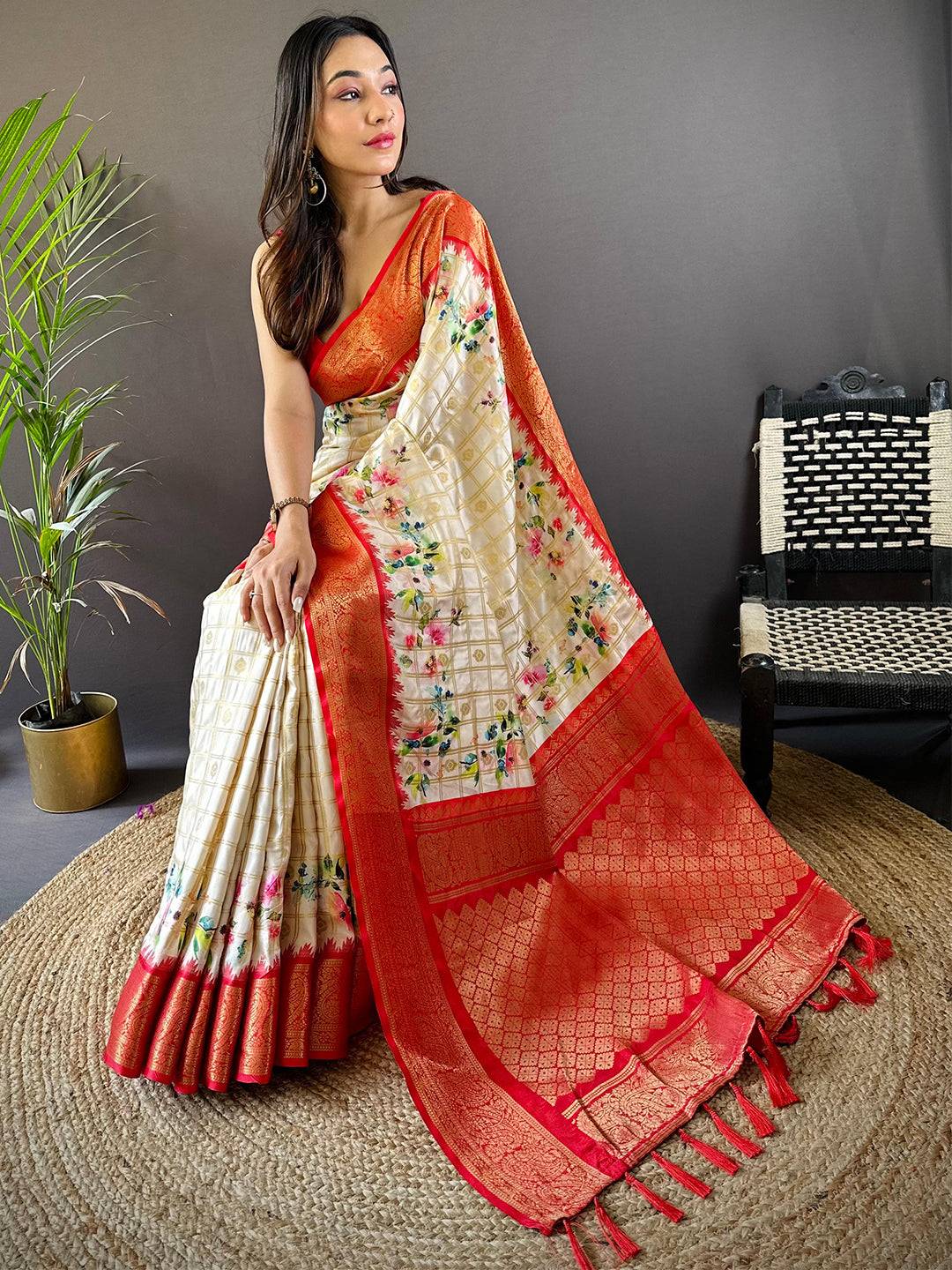 Red Kovai Rettapet Border Digital Print Saree by My Store