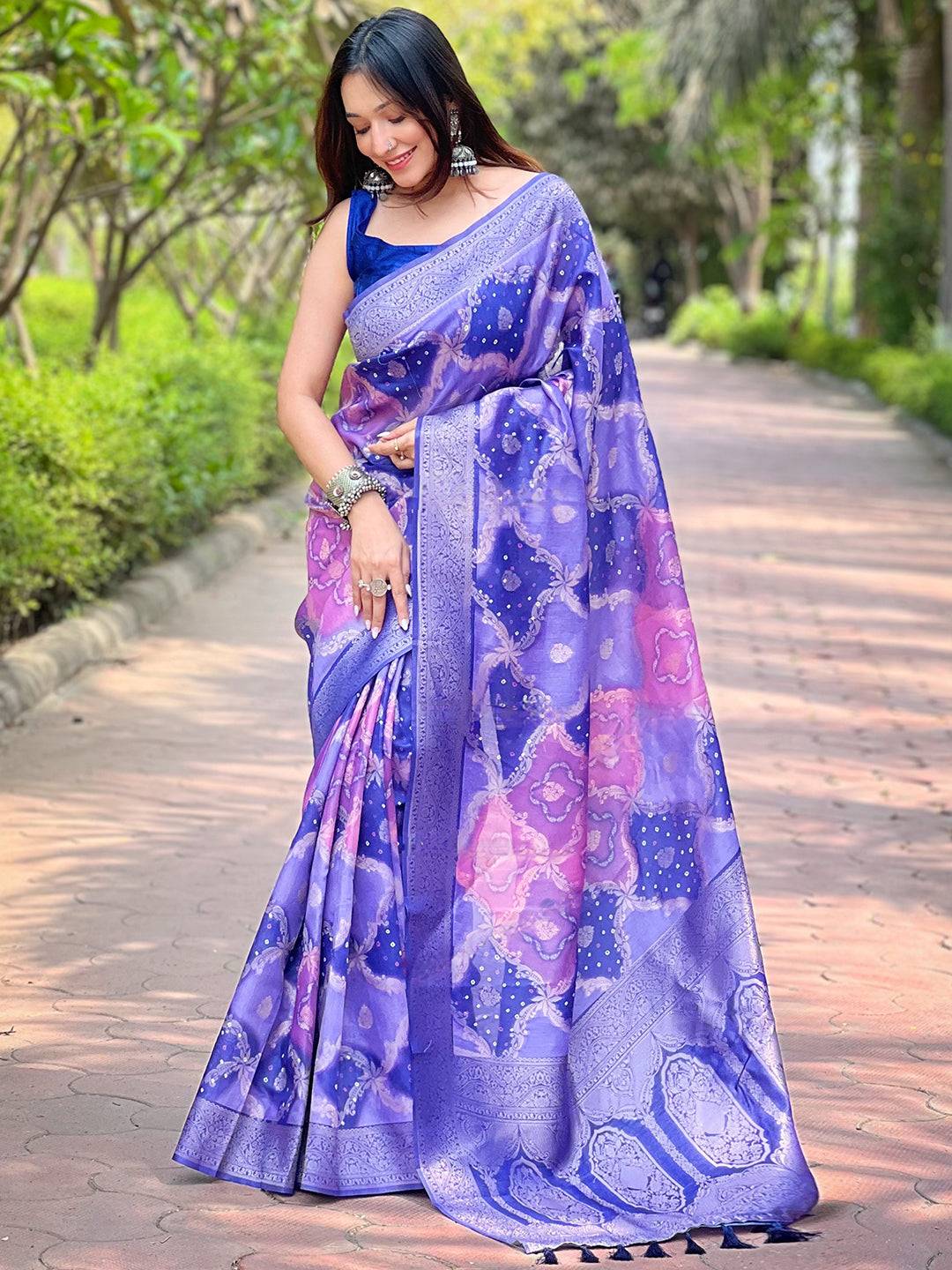Purple Digital Block Placement Print Saree by My Store