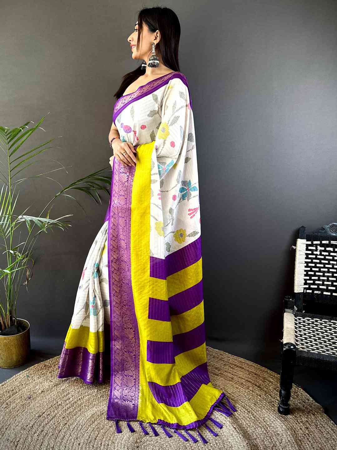 Purple Dola Silk Bird Print Saree by My Store